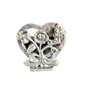 Vintage Place Card Holder Metzke Pewter Heart Flower Floral‎ Bow Ribbon 4